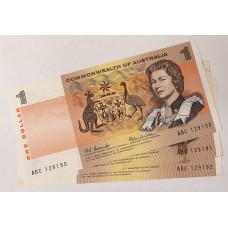 AUSTRALIA 1966 . ONE 1 DOLLAR BANKNOTES . CONSECUTIVE TRIO . WEEPING INK ERROR MARKS